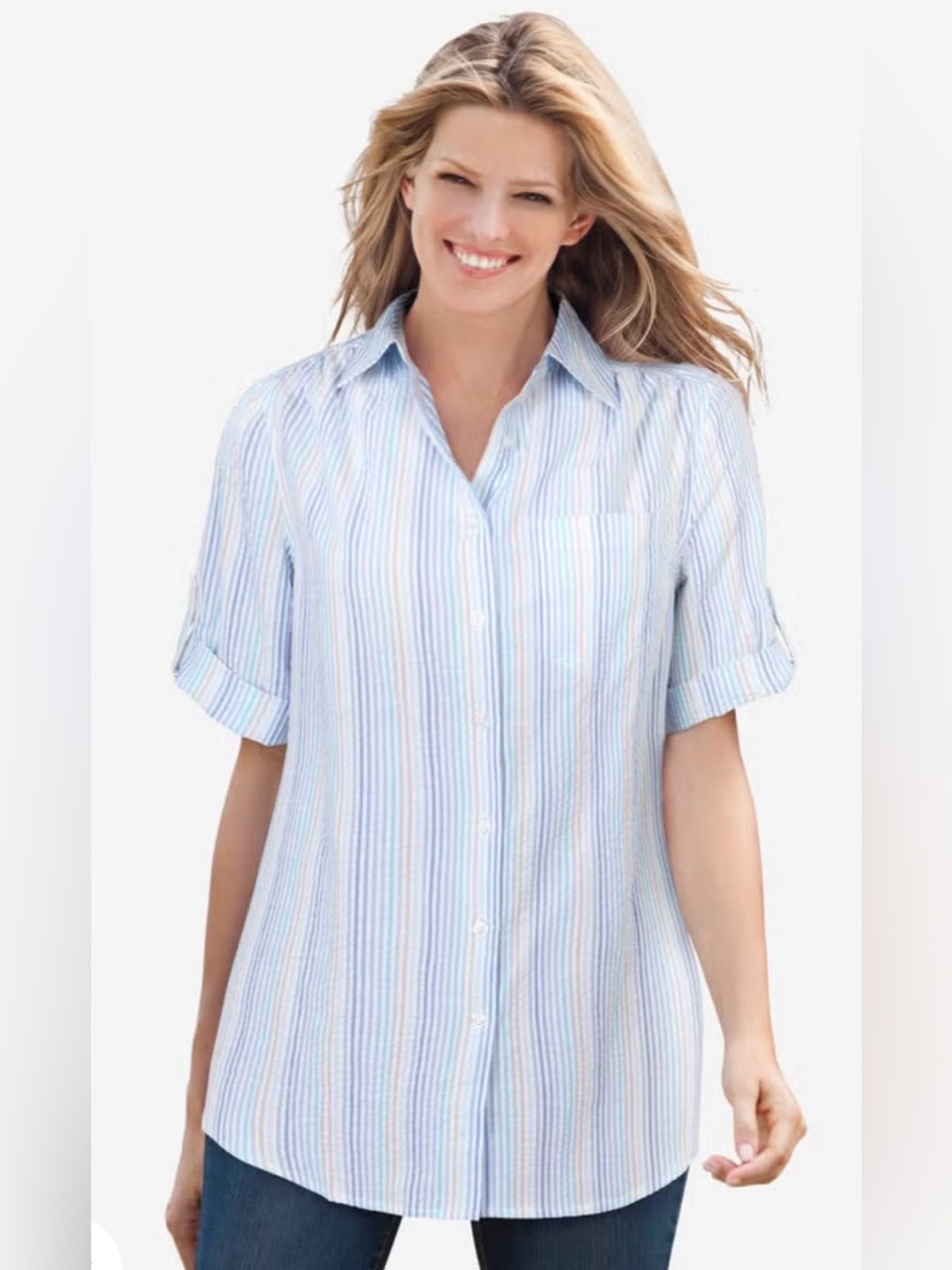 Woman Within Striped Short-Sleeve Button-Down Seersucker Shirt